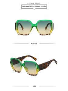 Detailed front and side views of green leopard square sunglasses with gradient lenses