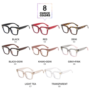 Collage of square frame glasses in eight colors like black, red, and tortoiseshell