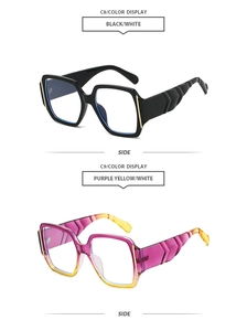 Detail view of square sunglasses frames in black and purple-yellow gradient with wavy temples