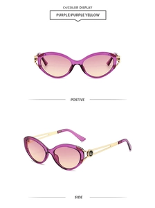 Detail view of purple cat eye sunglasses with gradient lenses and gold metal temples