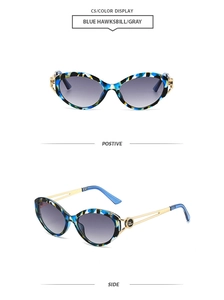 Detail view of cat eye sunglasses in blue hawksbill pattern with gray gradient lenses
