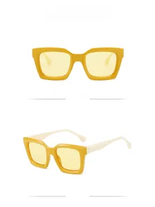 Detailed views of yellow square sunglasses with thick frames and beige temples