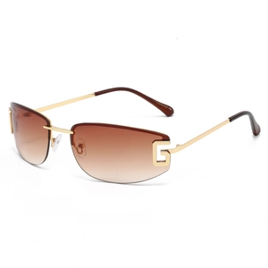 Fashionable rimless rectangular sunglasses with gold G metal accent and brown gradient lenses