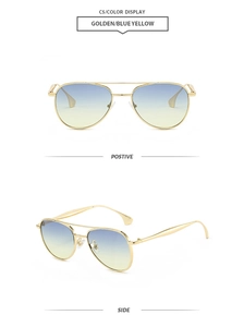 Détail de lunettes aviateur à double pont en métal doré et verres dégradés bleu-jaune