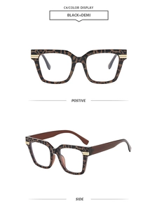 Front and side view of leopard tortoise square frames with gold stripe metal accents