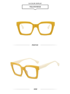 Vue détaillée de la monture de lunettes polygone en jaune et beige de style moderne