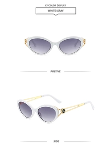 Detailed views of white cat-eye sunglasses with gradient gray lenses and gold hollow temples