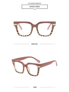 Detail of khaki and tortoiseshell oversized square glasses frame with gold accents