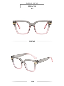 Detail view of square oversized glasses frame with gray and pink gradient finish