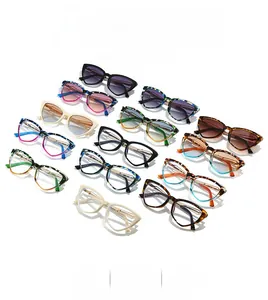 Flat lay display of colorful cat-eye sunglasses frames in various stylish patterns
