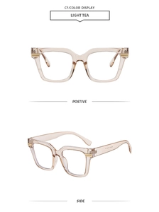 Detail view of light tea square frames with gold metal accents in side and front views