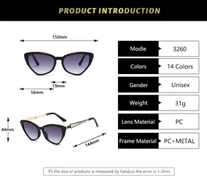 Detailed dimension chart for 3260 cat eye sunglasses showing frame width and lens height