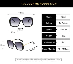 Size chart showing dimensions of square oversized sunglasses with PC and metal frame details