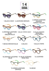 Detailed catalog showing 14 color choices for cat eye sunglasses with metal accents