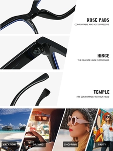 Detail view of ergonomic nose pads, reinforced hinges and stylish black eyeglass frames