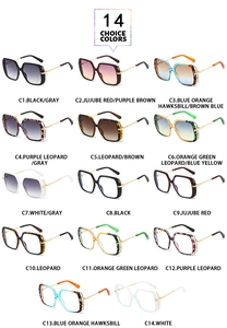 Collage of 14 oversized square sunglasses and glasses in various colors and patterns