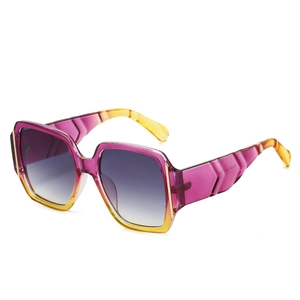 Modern oversized square sunglasses with purple yellow gradient frame and grey lenses