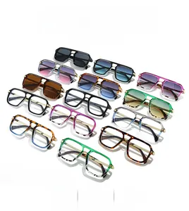 Matrix display of multi-colored double-bridge square sunglasses in various frame colors