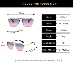 Detailed size specifications for double bridge square sunglasses with dimensions and weight