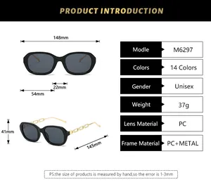 Size chart showing 148mm total width and PC metal frame specs for unisex sunglasses