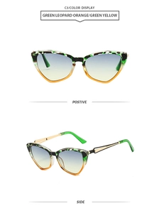 Detailed front and side views of cat-eye sunglasses in green leopard and orange gradient