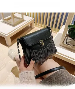 Close-up of black PU leather crossbody bag featuring silver chain tassels and metal lock