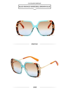 Detail view of square oversized sunglasses with blue orange tortoise frame and gradient lenses