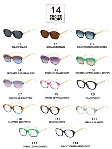 Grid display of 14 colored small frame sunglasses with golden chain metal temples