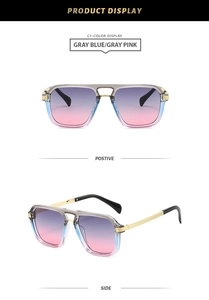 Detail view of double bridge square sunglasses with gray blue pink gradient lenses