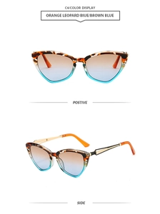 Cat eye sunglasses detail in orange leopard and translucent blue with gradient lenses