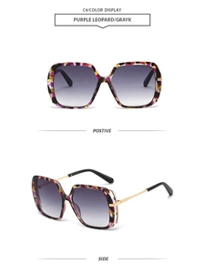 Detail view of purple leopard print square sunglasses with gold metal temples and gray lenses