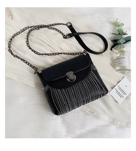 Detailed close-up of a black PU crossbody bag featuring elegant silver beaded tassels