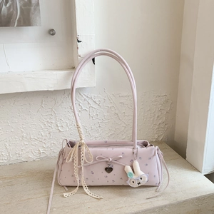 Sac Baguette En Similicuir PU À Fleurs Avec Nœud En Dentelle Et Pendentif Lapin En Peluche Sac À Bandoulière Style Coréen