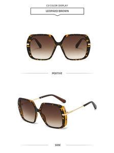 Detailed front and side views of oversized leopard print square frame sunglasses