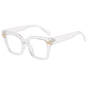 Retro oversized square transparent glasses frames with golden metal temple accents
