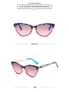 Vertical view of cat eye sunglasses with blue leopard print frame and gradient lenses
