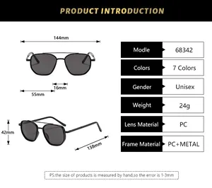 Detailed size chart for retro double-bridge pilot sunglasses with PC and metal frame specs