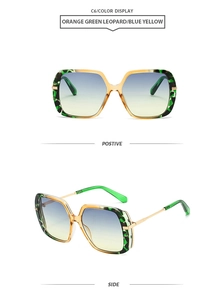 Front and side views of orange green leopard square sunglasses with blue yellow lenses