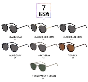 Detail view of double bridge aviator sunglasses showing seven different color options