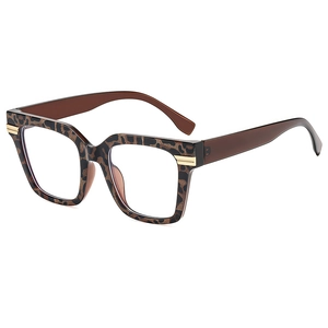 Retro oversized square glasses with leopard print frame and brown temples on white background