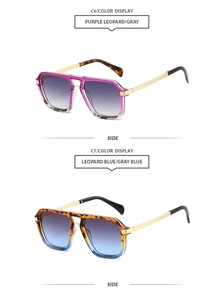 Side view of purple and amber leopard print double bridge sunglasses with gradient lenses