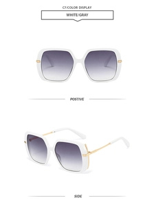 Front and side views of white square oversized sunglasses with gold metal accents