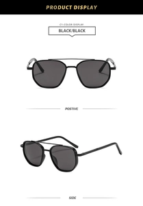 Detailed front and side view of black double-bridge aviator sunglasses with metal frames