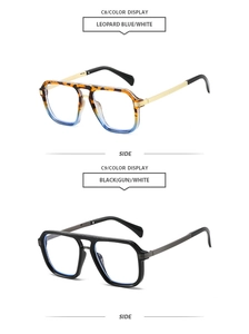 Side view of square double-bridge sunglasses in leopard blue and matte black finishes