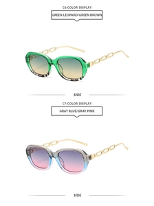 Detail of trendy small frame sunglasses featuring a golden metal chain temple design