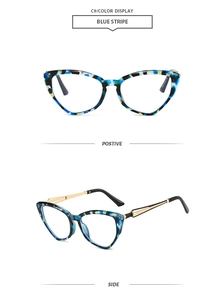 Detail view of cat-eye blue stripe frame with premium golden metal temples and tips