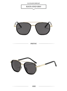 Front and side view of retro double-bridge pilot sunglasses in black and gold metal finish
