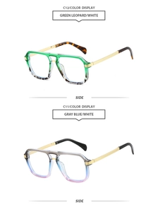 Detail of square oversized glasses with green leopard and grey-blue frames and gold temples