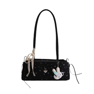Sac baguette noir à fleurs avec nœud en dentelle et pendentif lapin pour femmes