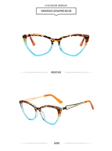 Cat eye sunglasses detail with orange leopard upper frame and translucent blue lower rim